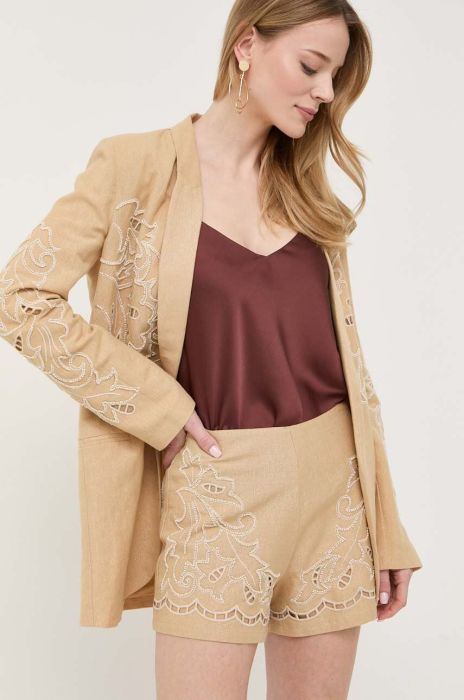 Лляні шорти Twinset колір бежевий візерунок висока посадка (3248514)