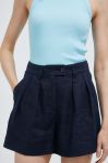 Лляні шорти Sisley колір синій однотонні висока посадка