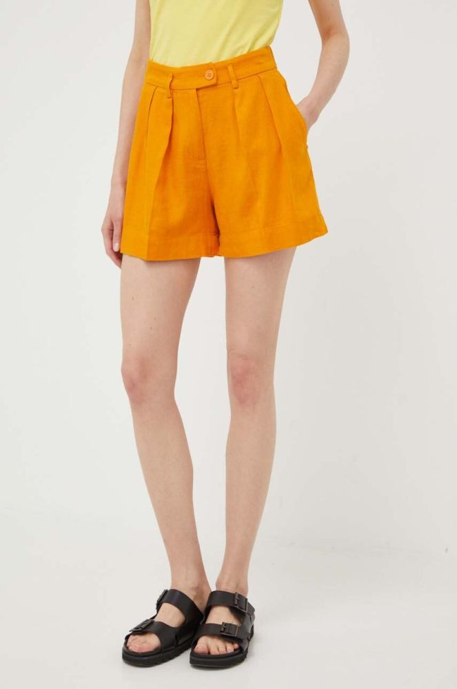 Лляні шорти Sisley колір помаранчевий однотонні висока посадка
