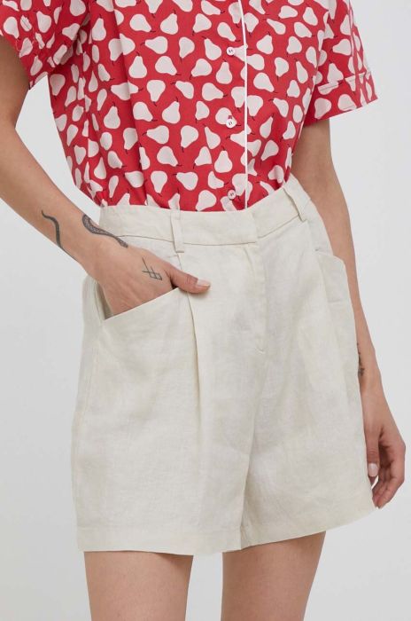 Лляні шорти United Colors of Benetton колір бежевий однотонні висока посадка (3303989)