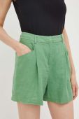 Лляні шорти United Colors of Benetton колір зелений однотонні висока посадка