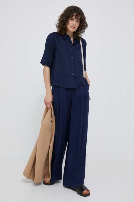 Льняні штани United Colors of Benetton колір синій широке висока посадка