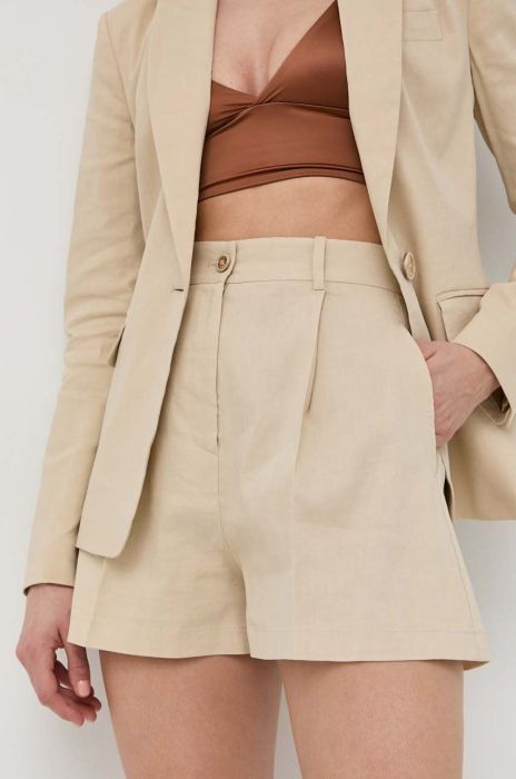 Лляні шорти Pinko жіночі колір бежевий однотонні висока посадка