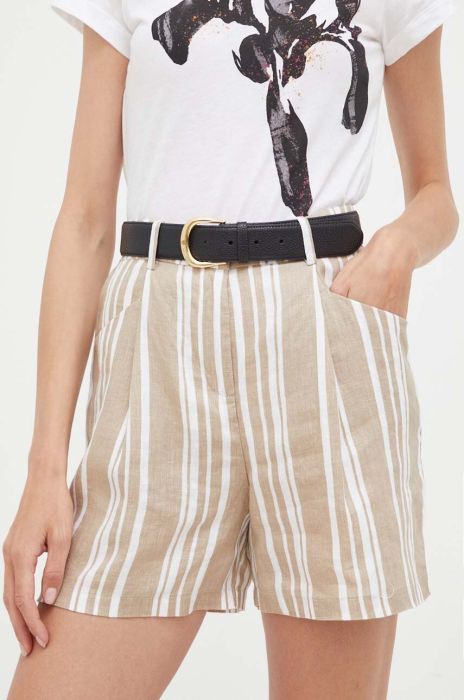 Лляні шорти United Colors of Benetton колір бежевий візерунок висока посадка