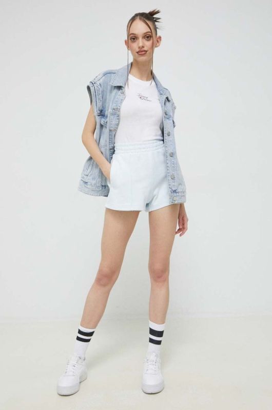 Бавовняні шорти Tommy Jeans однотонні висока посадка колір блакитний (2991165) фото 2
