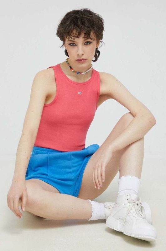 Бавовняні шорти Tommy Jeans однотонні висока посадка колір блакитний (2997231) фото 2