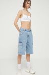 Джинсові шорти Tommy Jeans жіночі з аплікацією висока посадка колір блакитний Джинсові шорти Tommy Jeans жіночі з аплікацією висока посадка колір блакитний