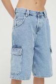 Джинсові шорти Tommy Jeans жіночі з аплікацією висока посадка колір блакитний
