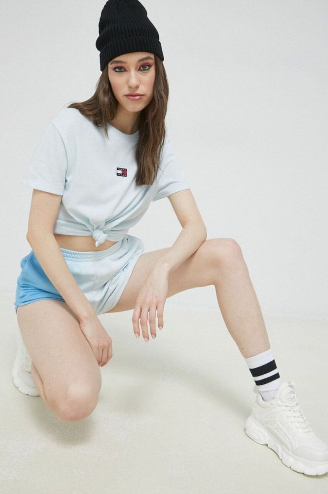 Шорти Tommy Jeans жіночі візерунок висока посадка колір блакитний фото 2
