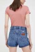 Джинсові шорти Wrangler жіночі однотонні висока посадка колір блакитний (3186838)