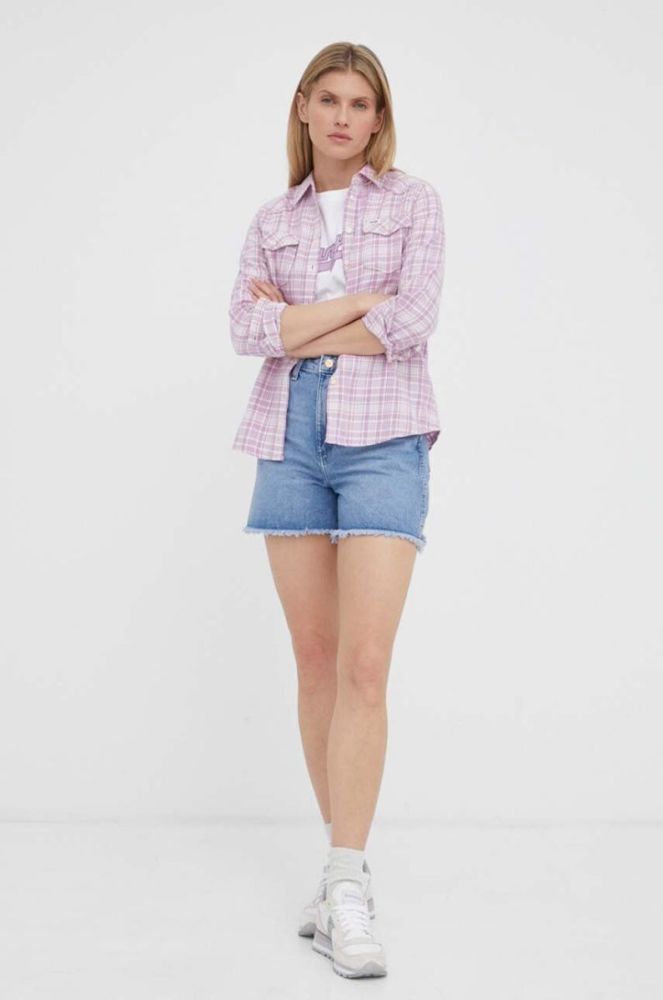 Джинсові шорти Wrangler жіночі однотонні висока посадка колір блакитний (3255915) фото 2