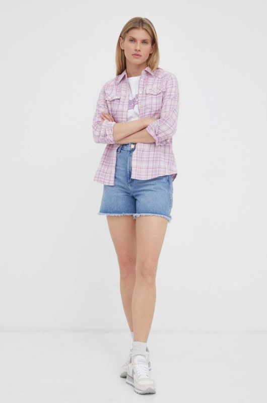 Джинсові шорти Wrangler жіночі однотонні висока посадка колір блакитний (3255915) фото 2
