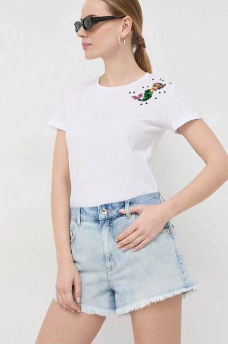 Джинсові шорти Patrizia Pepe жіночі з аплікацією висока посадка колір блакитний