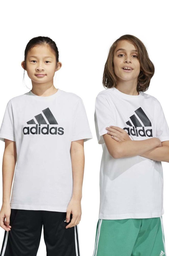 Дитяча бавовняна футболка adidas U BL колір білий з принтом