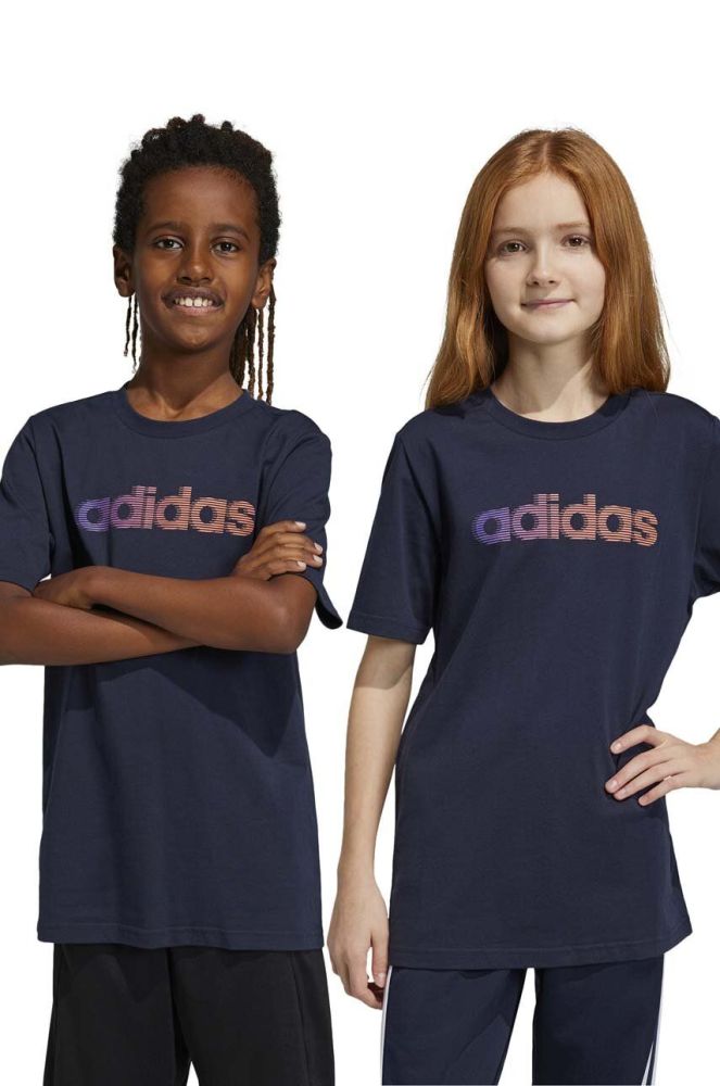 Дитяча бавовняна футболка adidas колір синій з принтом