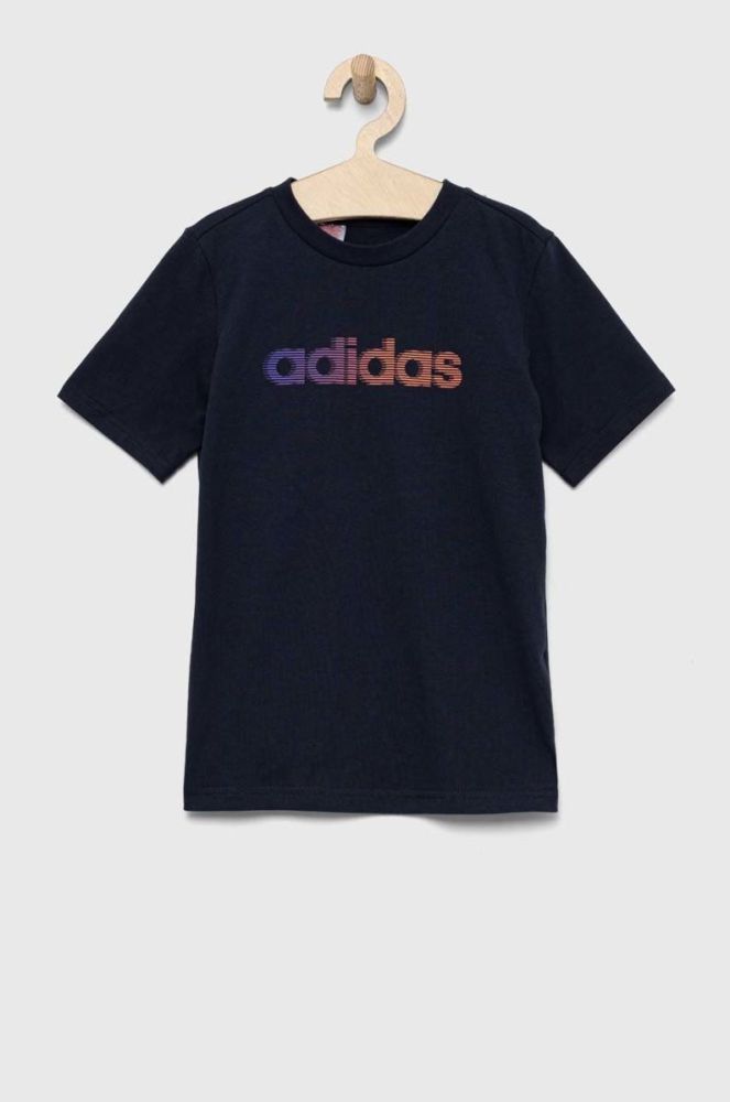 Дитяча бавовняна футболка adidas колір синій з принтом фото 2