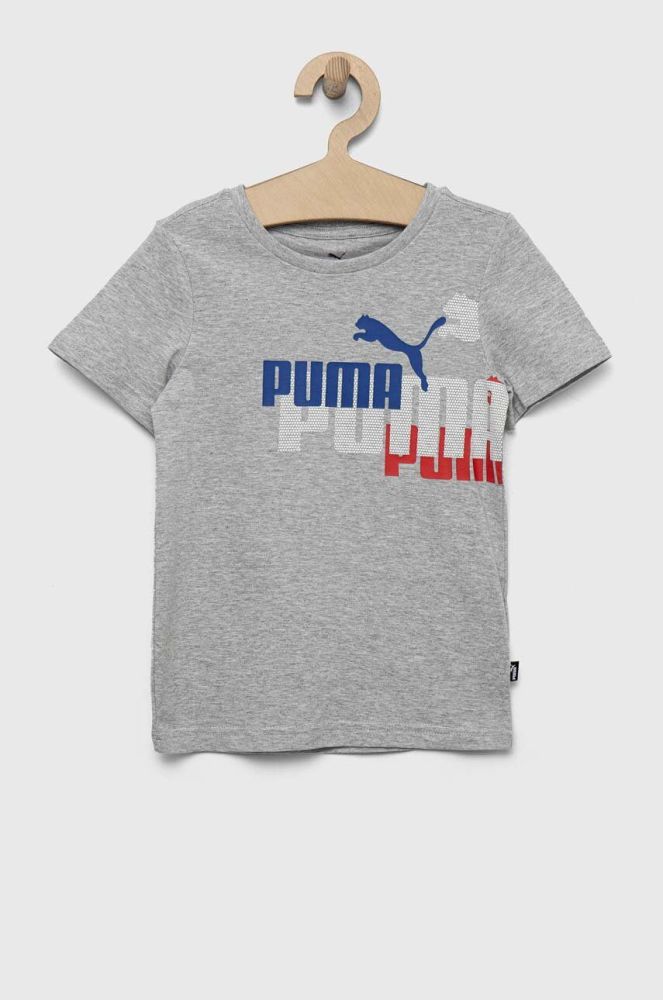 Дитяча бавовняна футболка Puma ESS+ LOGO POWER Tee B колір сірий з принтом