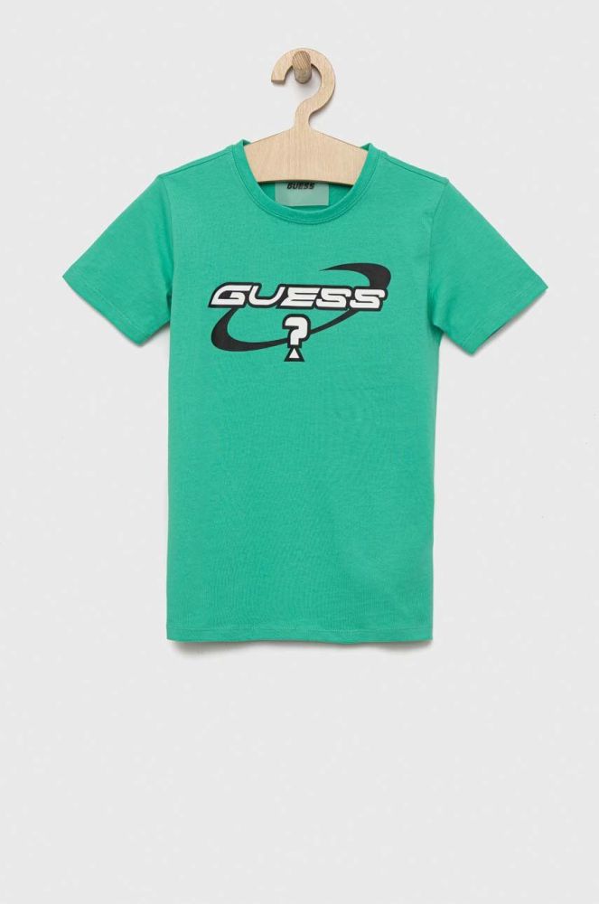 Дитяча бавовняна футболка Guess колір зелений з принтом (2962425)
