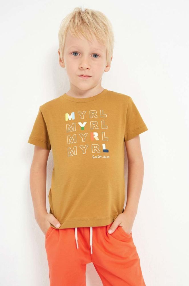 Дитяча бавовняна футболка Mayoral колір коричневий з принтом (2932242)