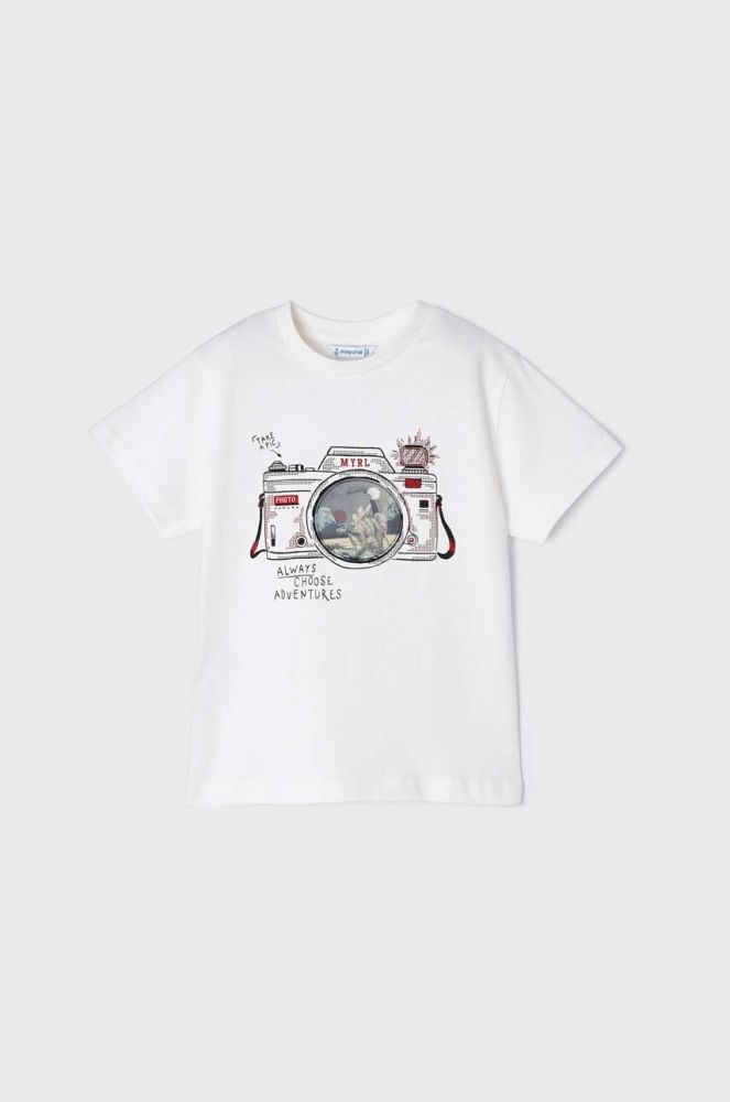 Дитяча бавовняна футболка Mayoral колір бежевий з принтом (2936705)