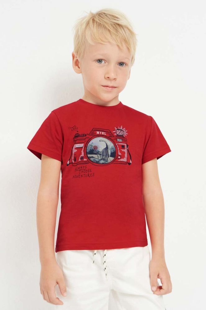Дитяча бавовняна футболка Mayoral колір червоний з принтом (2936684)