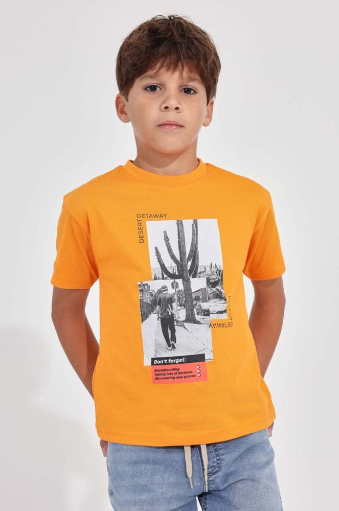 Дитяча бавовняна футболка Mayoral колір помаранчевий з принтом (2940664)