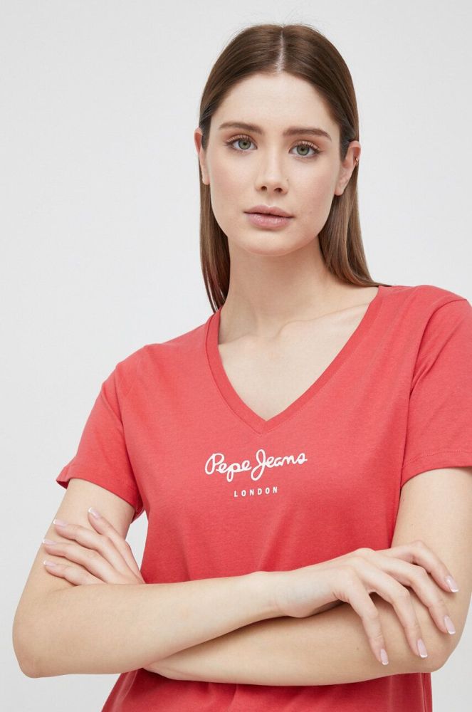 Бавовняна футболка Pepe Jeans Wendy V Neck колір червоний