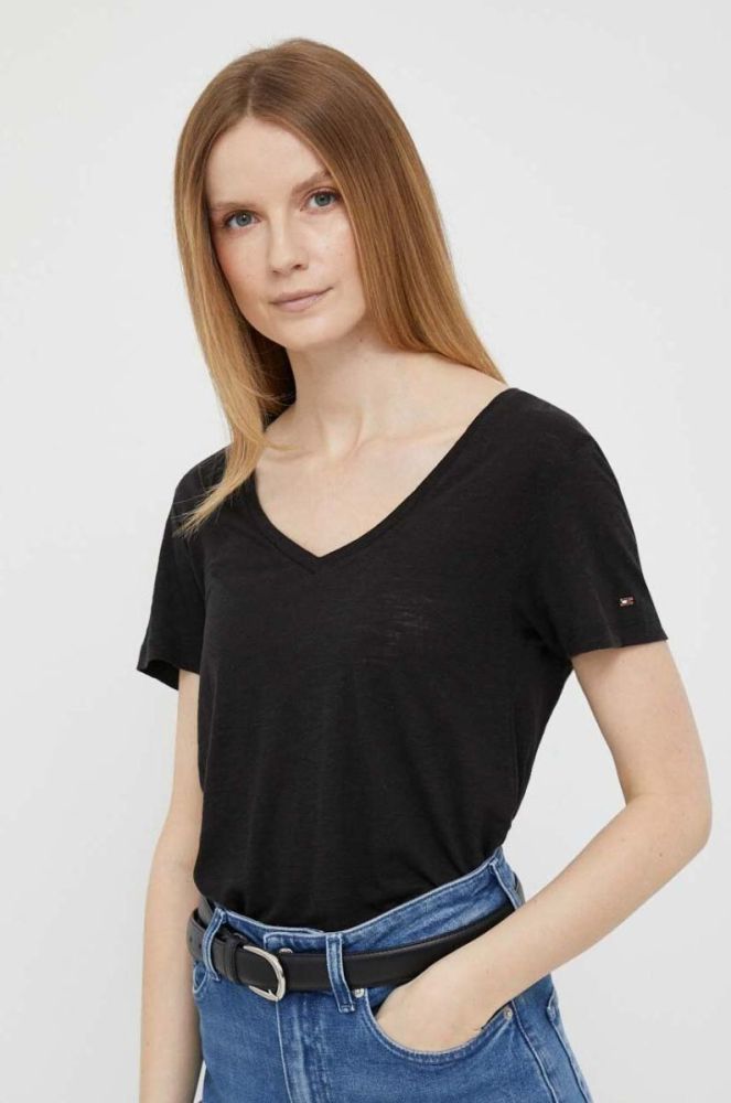 Футболка з домішкою льону Tommy Hilfiger колір чорний фото 4