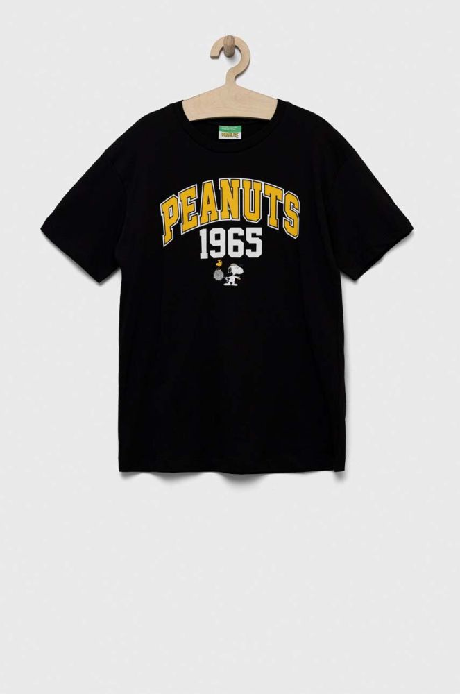 Дитяча бавовняна футболка United Colors of Benetton x Peanuts колір чорний з принтом