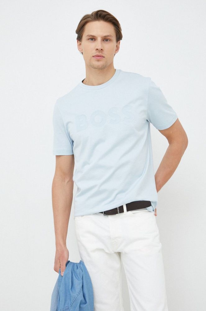 Бавовняна футболка BOSS з принтом колір блакитний (2915460)