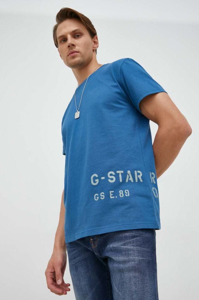 Бавовняна футболка G-Star Raw з принтом колір блакитний (2842091)