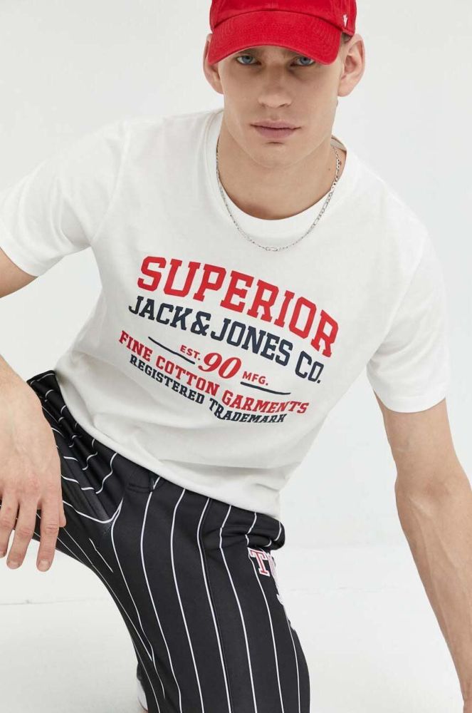Бавовняна футболка Jack & Jones JJSTAR колір білий з принтом 12231477
