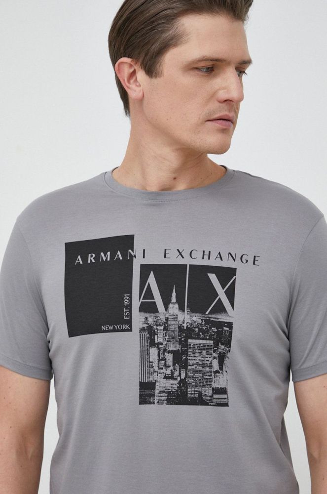 Бавовняна футболка Armani Exchange колір сірий візерунок