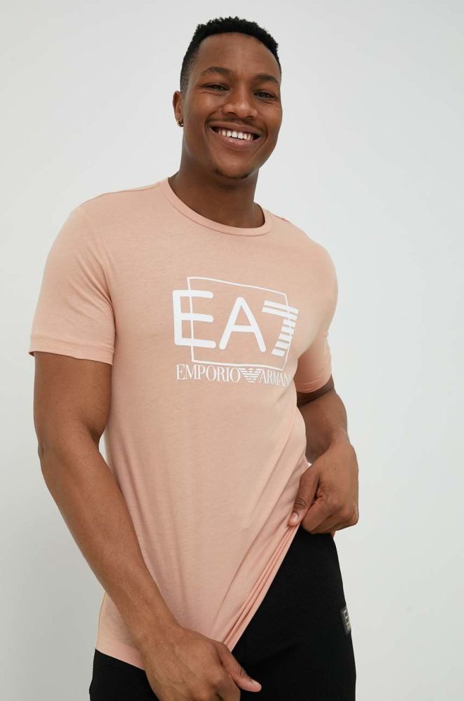 Бавовняна футболка EA7 Emporio Armani колір коричневий з принтом