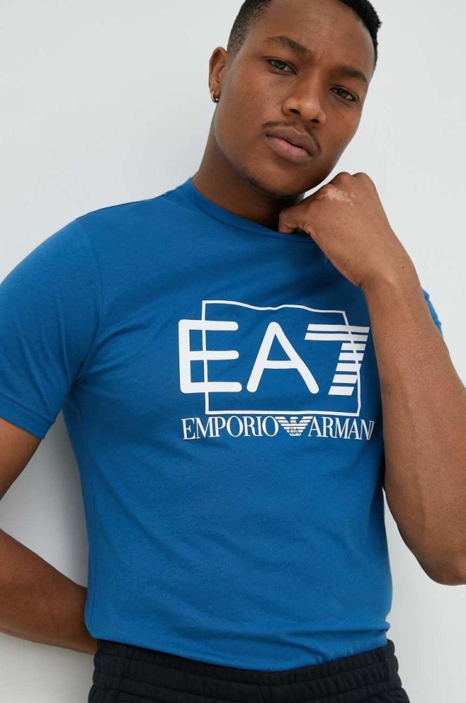 Бавовняна футболка EA7 Emporio Armani колір синій з принтом (2887990)