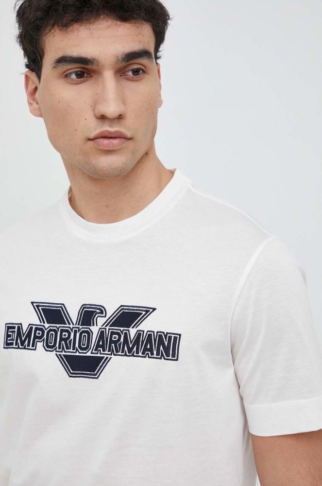 Бавовняна футболка Emporio Armani колір бежевий з аплікацією