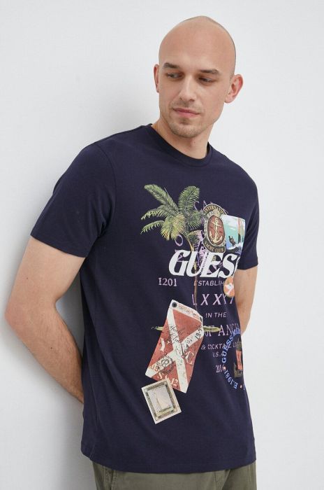 Бавовняна футболка Guess колір синій з принтом (3091943)