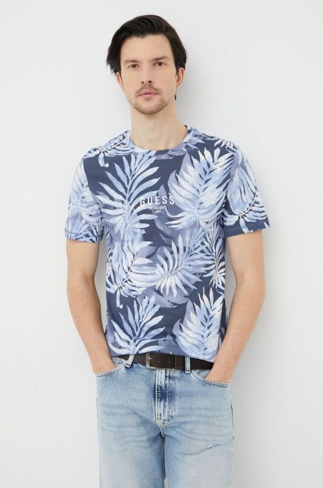 Бавовняна футболка Guess візерунок колір блакитний