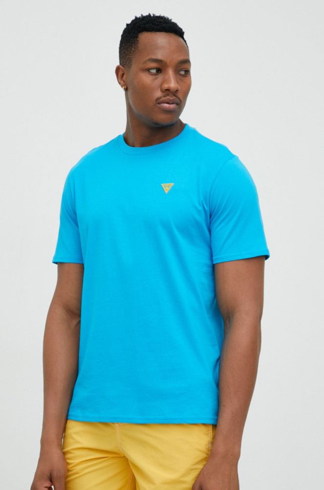 Бавовняна футболка Guess з аплікацією колір блакитний