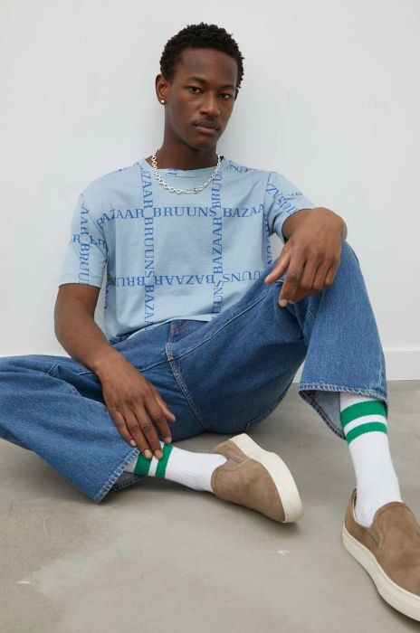 Бавовняна футболка Bruuns Bazaar Gus візерунок колір блакитний