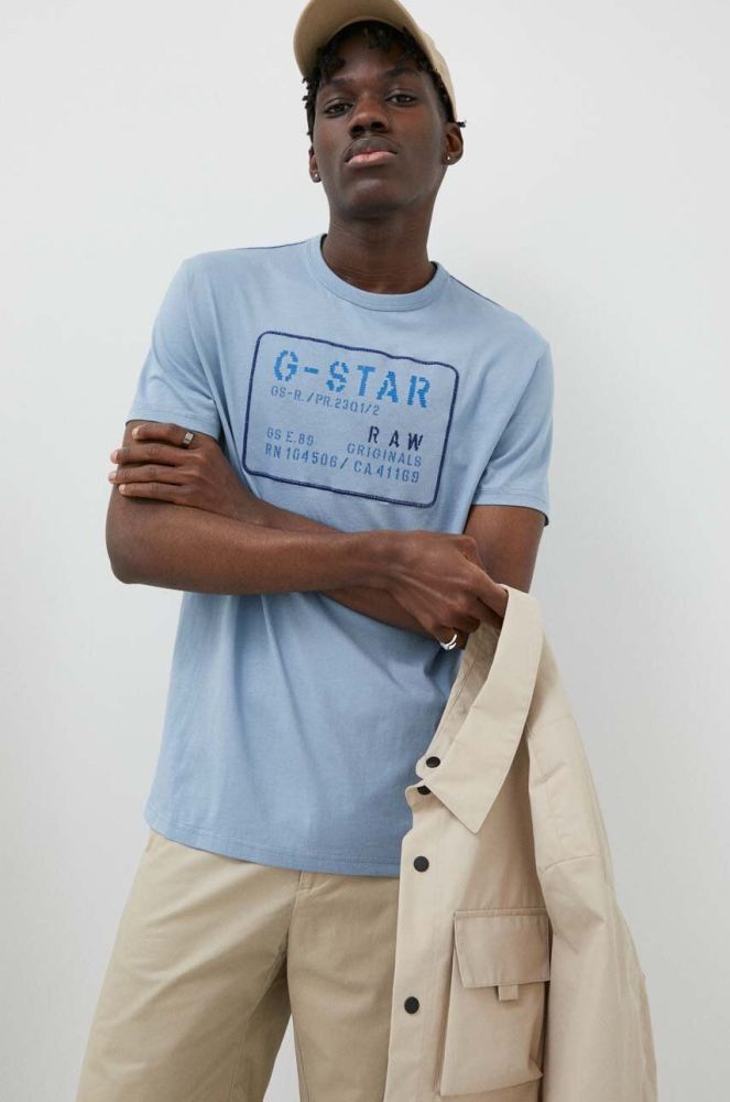 Бавовняна футболка G-Star Raw з аплікацією колір блакитний (3137673)