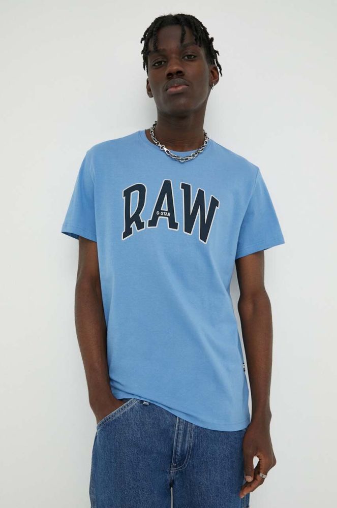 Бавовняна футболка G-Star Raw з принтом колір блакитний (3065626)