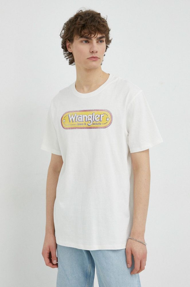 Бавовняна футболка Wrangler колір білий з принтом