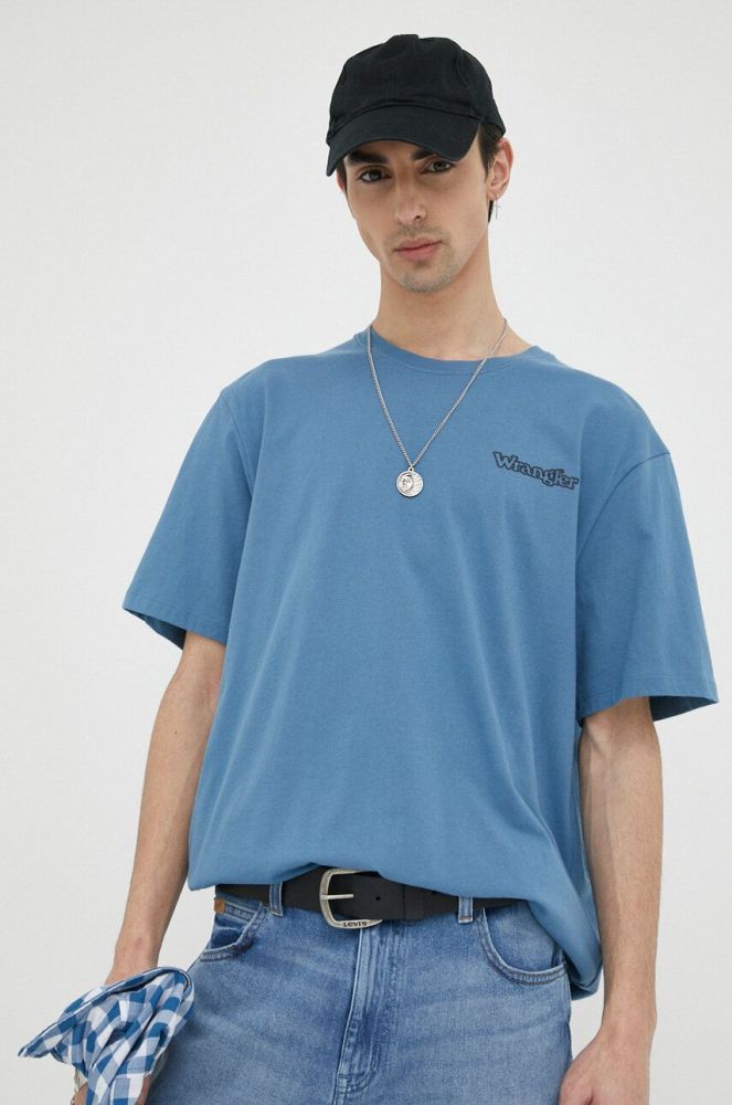 Бавовняна футболка Wrangler з принтом колір блакитний (3172039)