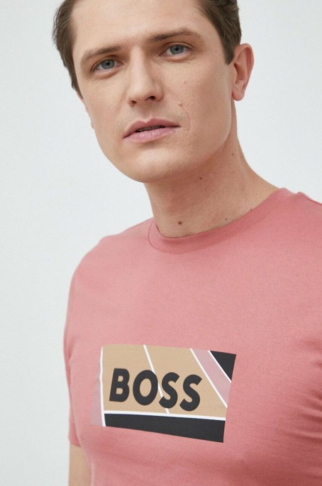 Бавовняна футболка BOSS колір рожевий з принтом фото 4