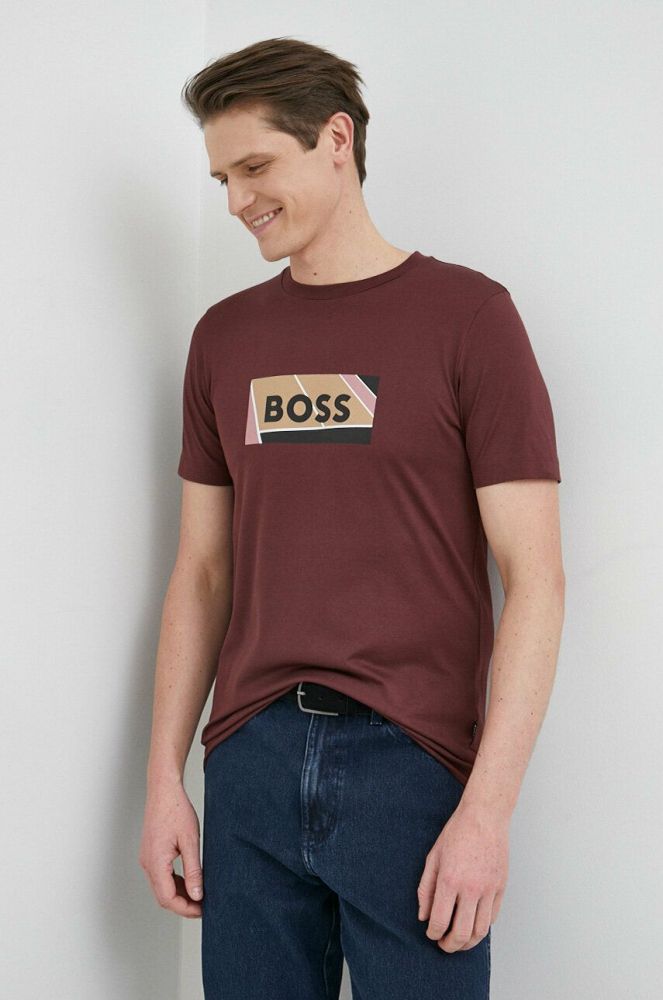Бавовняна футболка BOSS колір бордовий з принтом