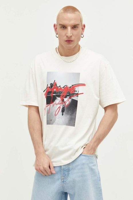 Бавовняна футболка HUGO колір бежевий з принтом (3314293)