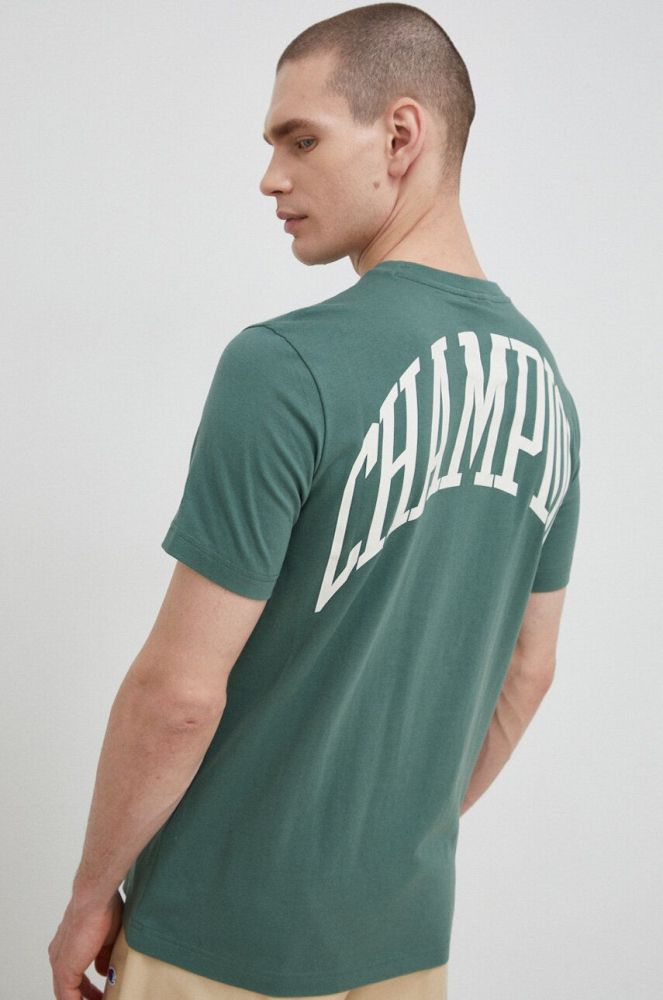 Бавовняна футболка Champion колір зелений з принтом