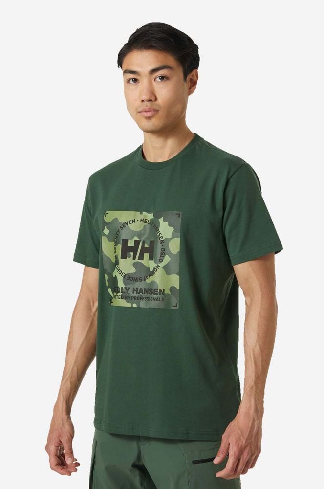 Бавовняна футболка Helly Hansen колір зелений з принтом 53976-001