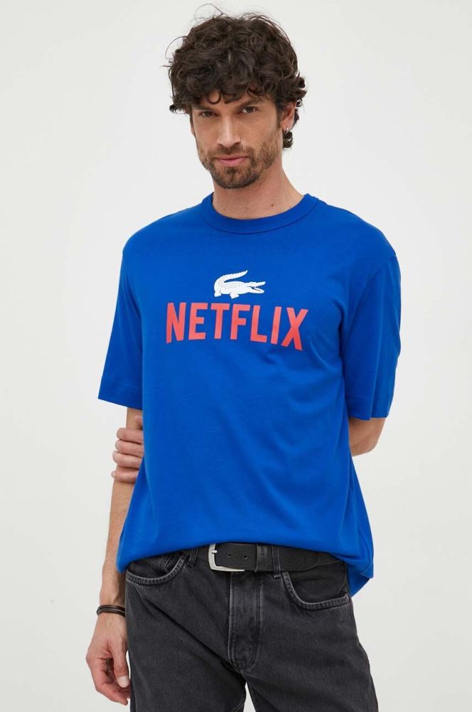 Бавовняна футболка Lacoste x Netflix візерунок TH7343-70V колір блакитний